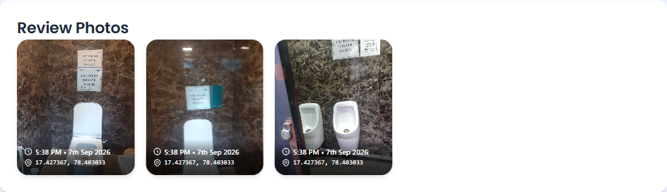 Actual LooCafe dashboard review panel containing three toilet photographs with time and location labels
